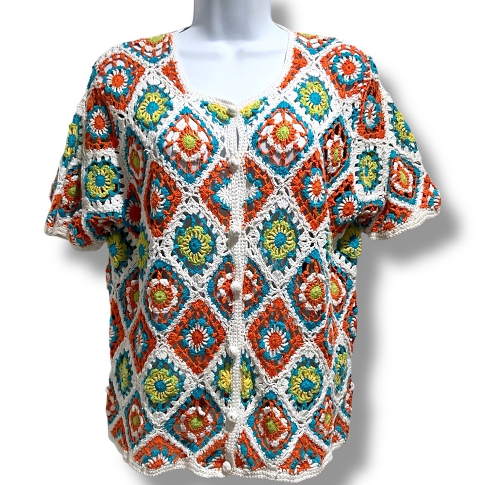 Fiorlini International Granny Square Crochet Cardigan Vintage Size M